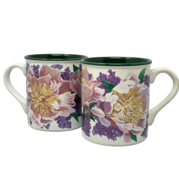 Potpourri Designs Mugs Peonies Lilacs Julie Inman 1994 Vintage Floral Green Set - Picture 1 of 7